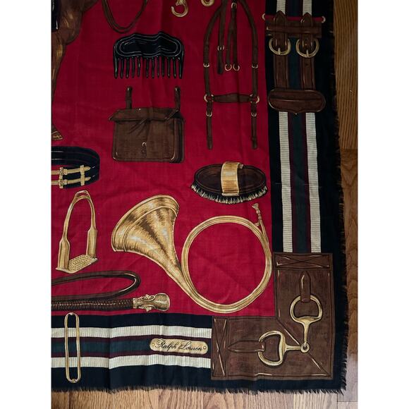 Ralph Lauren equestrian wool Silk horse Scarf Black Red 50x50” large READ - Picture 6 of 16
